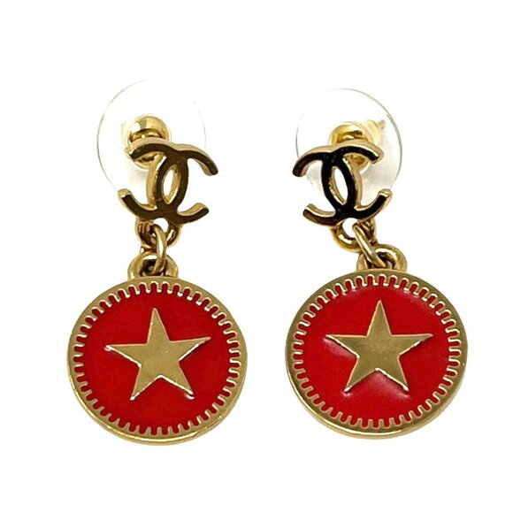 CHANEL Vintage 01P CC Logo Star Studded Earring Gold Red Accessory [103078] - Picture 1 of 5